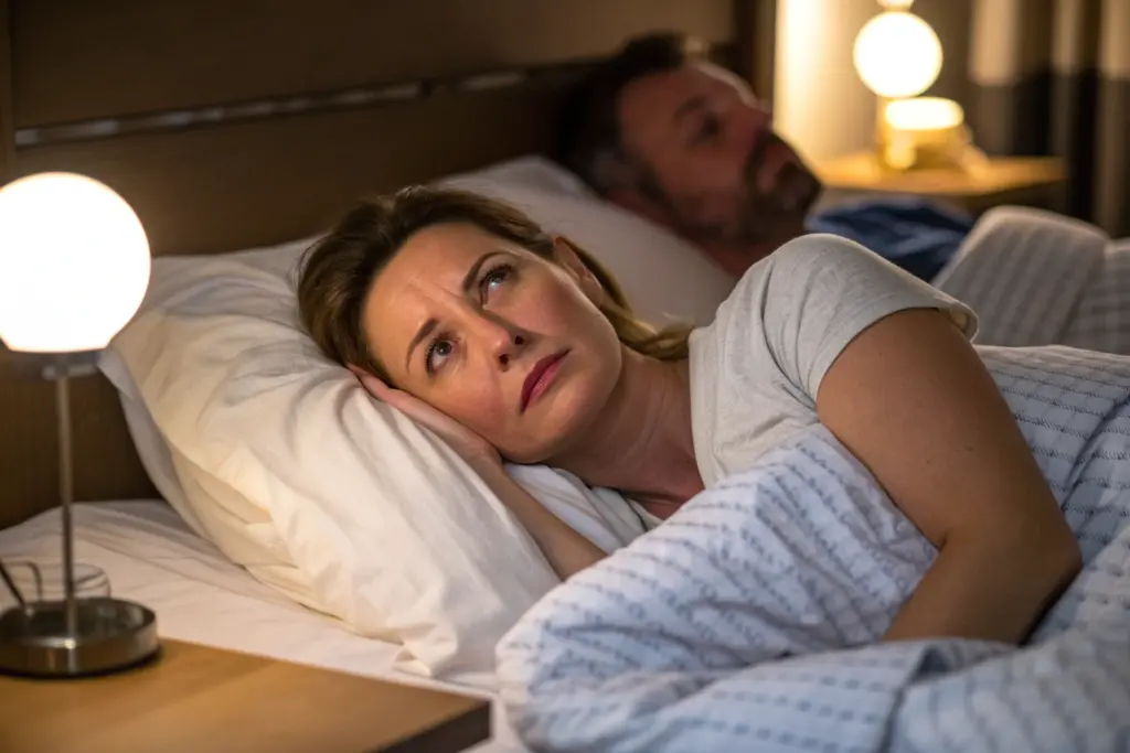 Vrouw ligt wakker in bed terwijl partner slaapt, piekerend over de relatie
