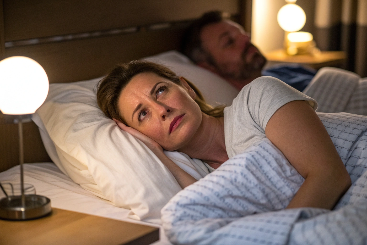 Vrouw ligt wakker in bed terwijl partner slaapt, piekerend over de relatie