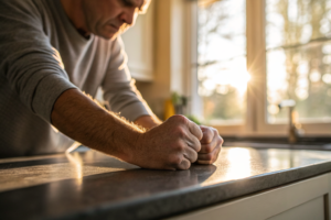 Man houdt keukenaanrecht vast: soevereine mannelijkheid en emotie in conflict