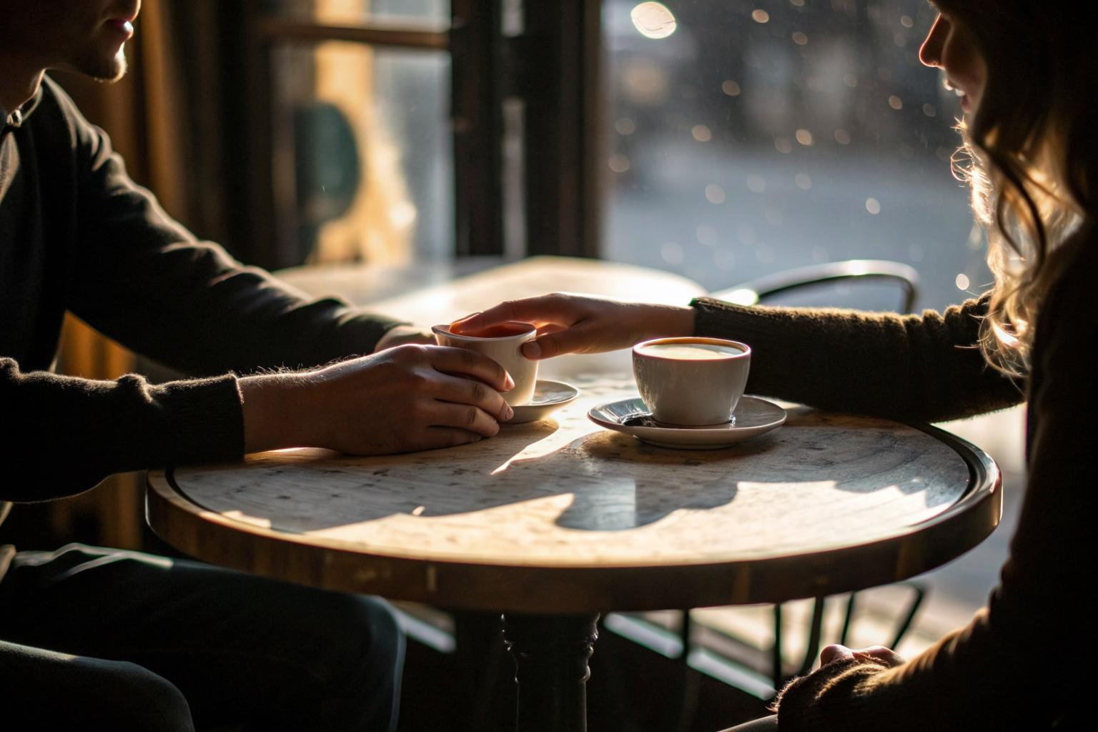 Handen reiken naar elkaar in cafe: soevereine mannelijkheid en emotie als verbinding