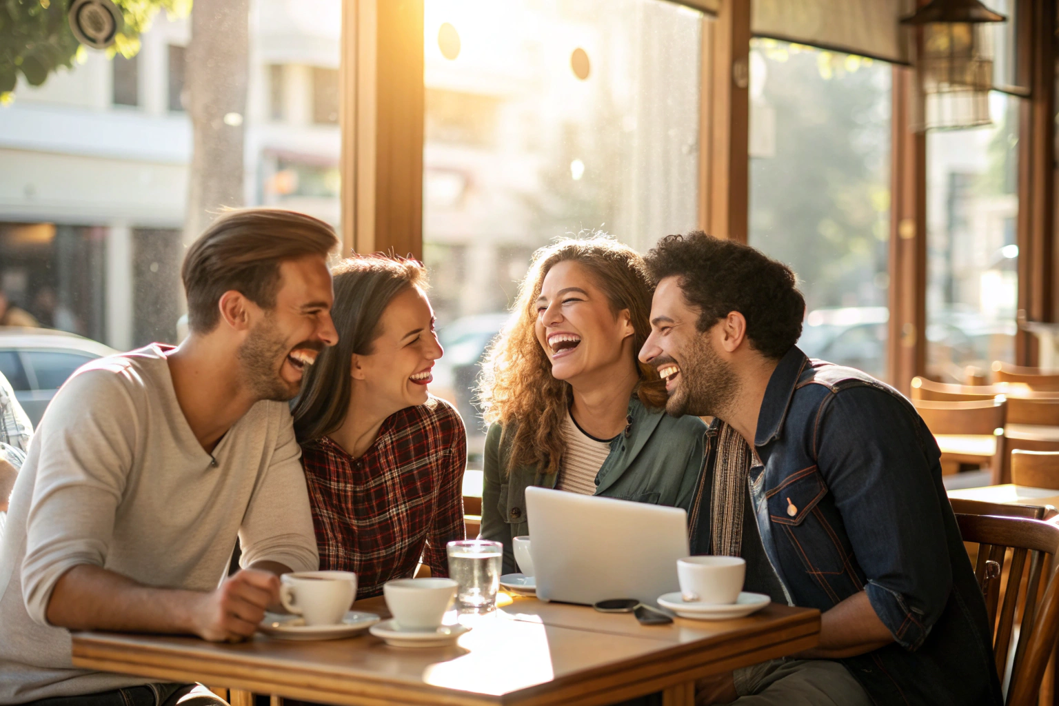 Groep vrienden lacht samen aan een cafetafel bij daglicht