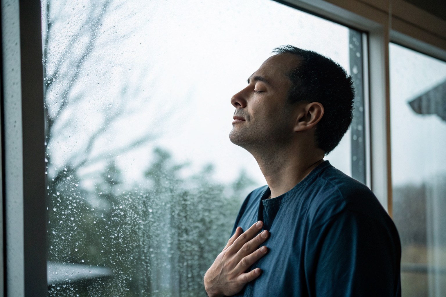 Man bij raam ademt bewust: soevereine mannelijkheid en emotie reguleren