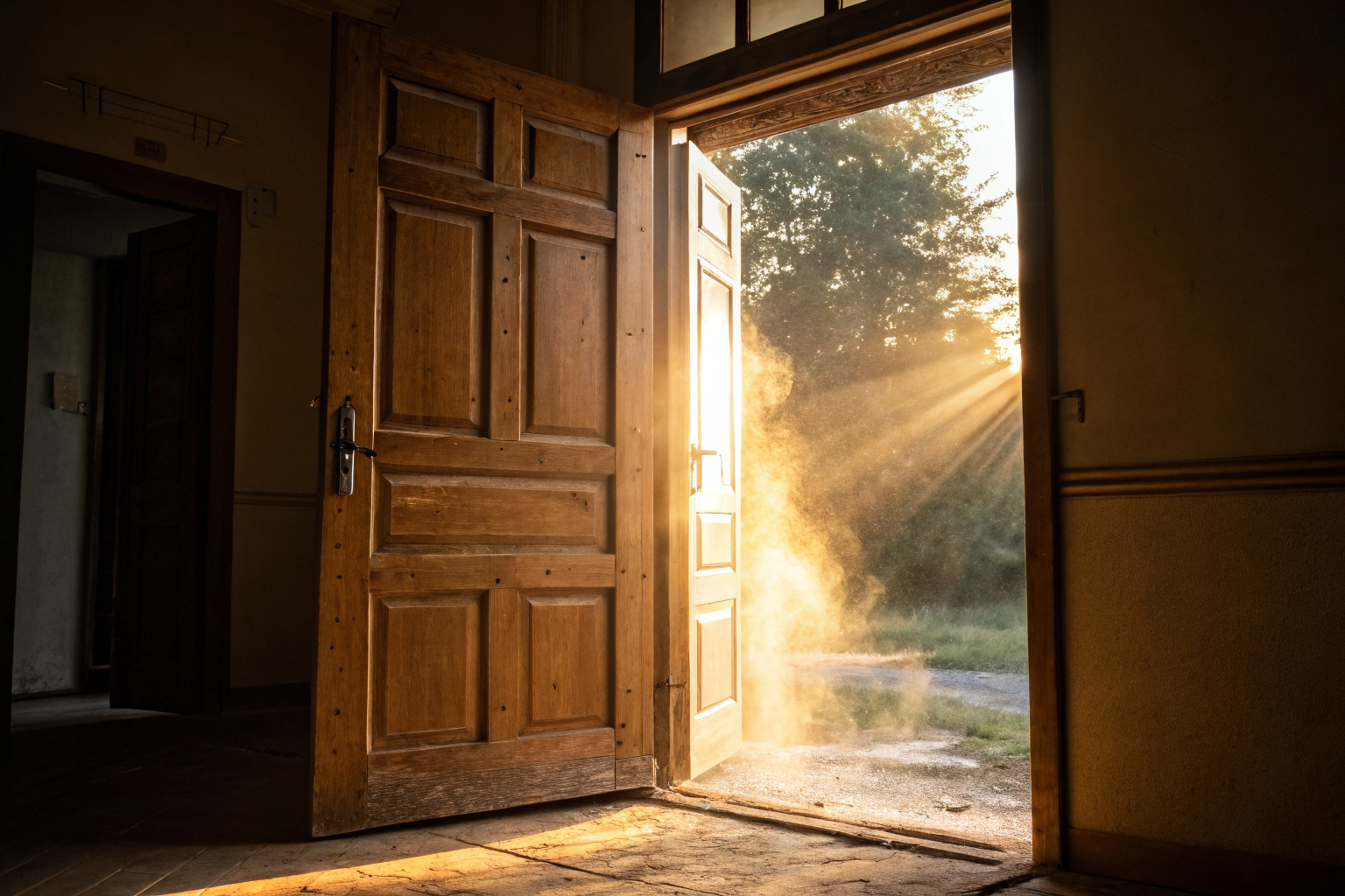 Open deur met warm licht als symbool voor niet verdedigen maar openstaan voor je partner