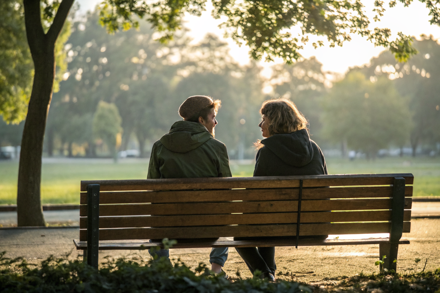 Twee mensen op een bankje oefenen met luisteren en validatie in hun relatie