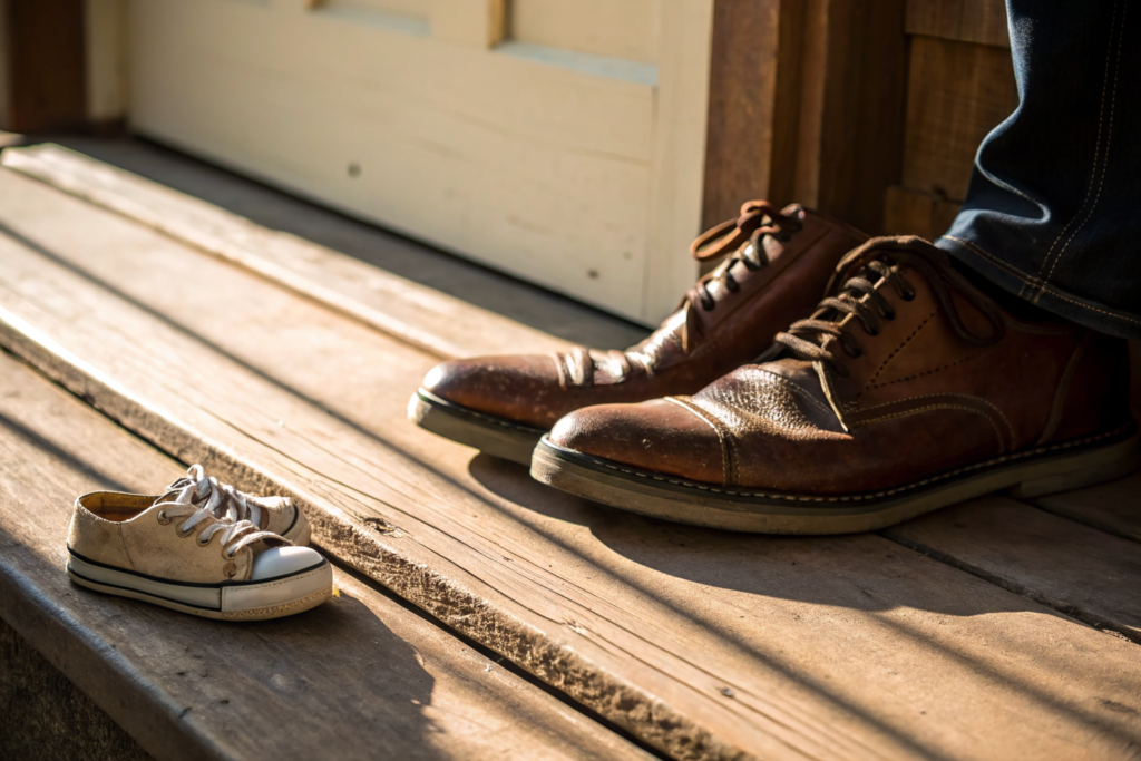 Kinderschoenen naast volwassen schoenen op drempel: de erfenis van je jeugd in je relatie