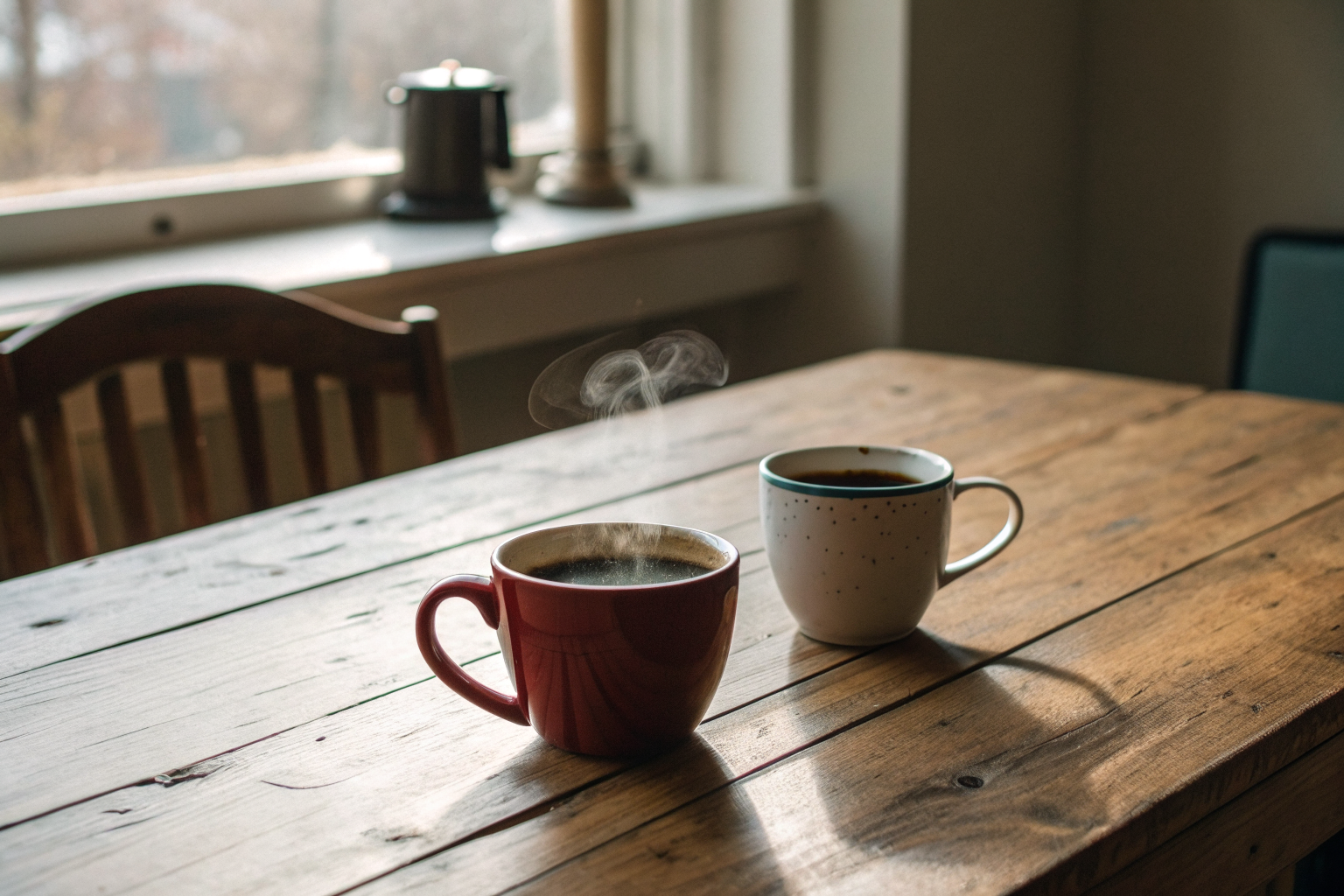 Lege keukentafel met twee koffiekopjes: emotionele beschikbaarheid begint thuis