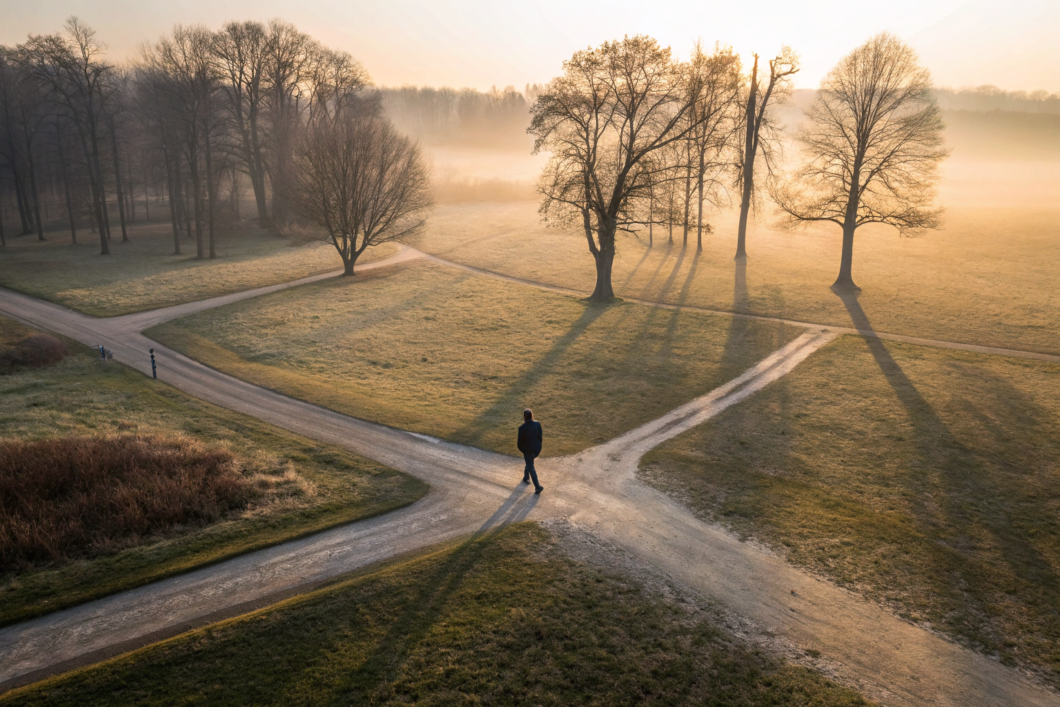 Persoon op kruispunt in mistig park: vier jeugdpatronen die je relatie vormen