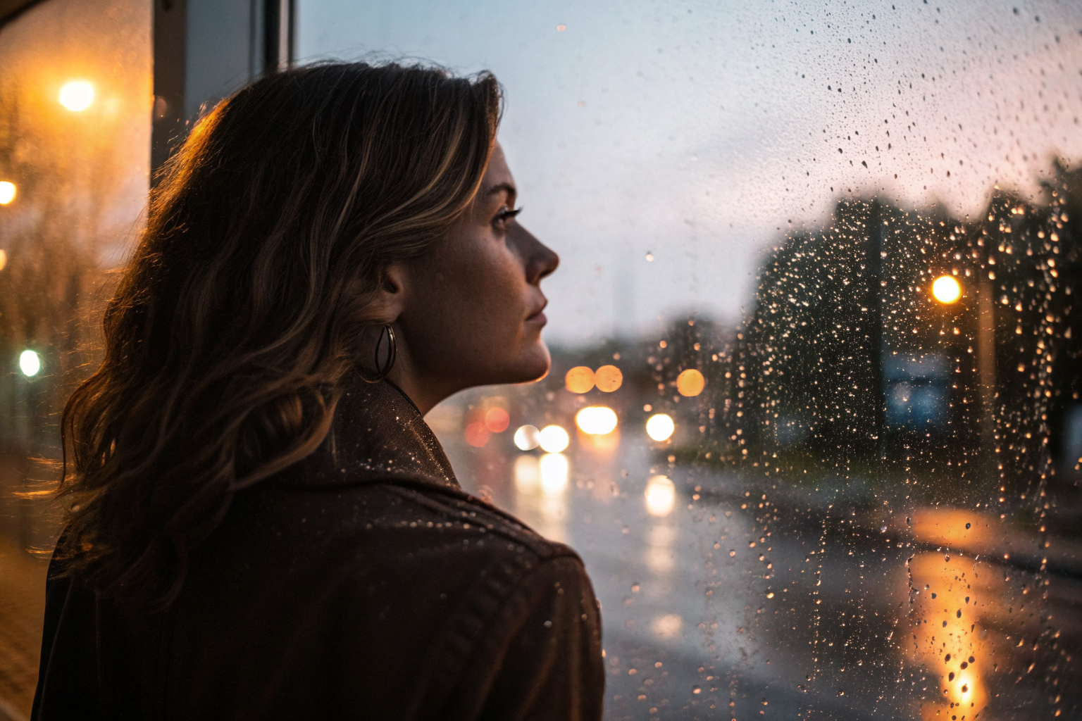 Vrouw kijkt naar reflectie in regenraam: patronen uit je jeugd herkennen
