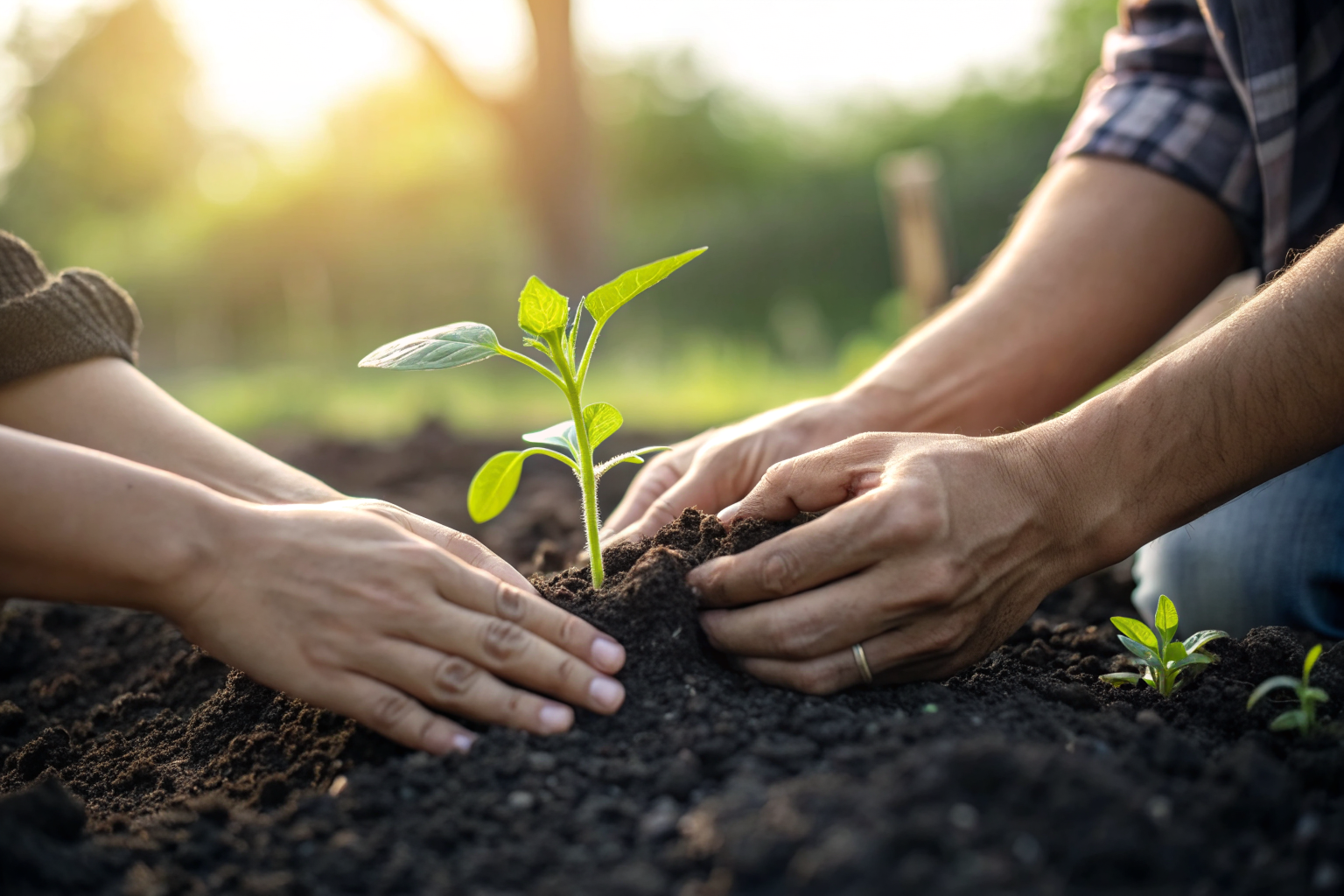 Twee handen planten zaailing in tuinaarde: emotionele beschikbaarheid in je relatie leren