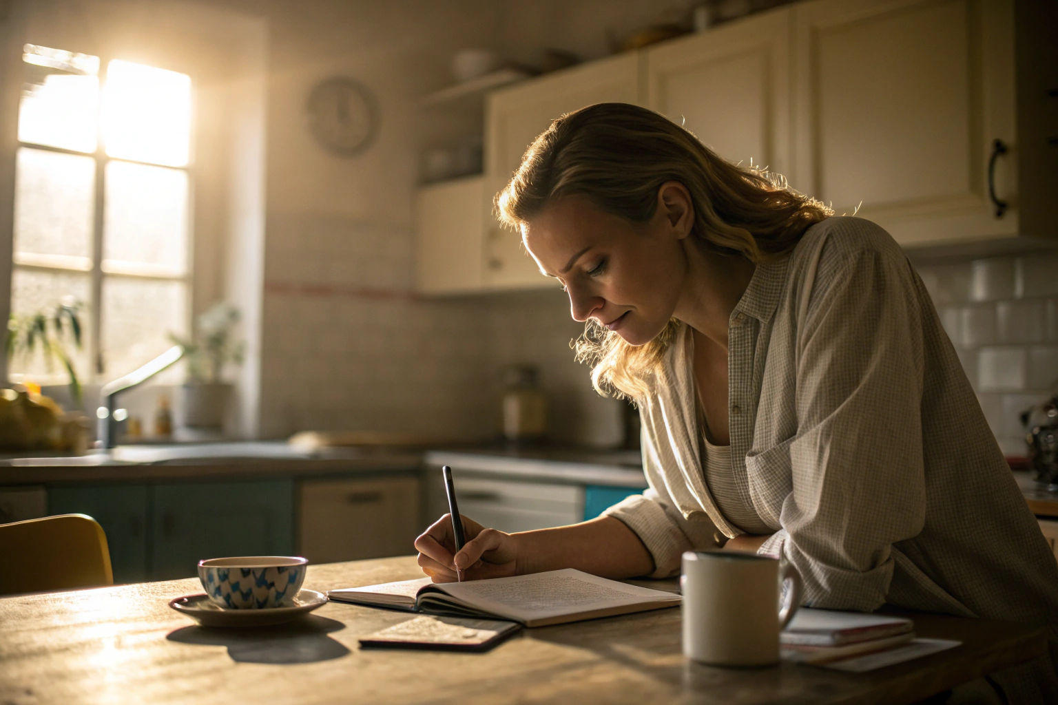 Vrouw schrijft in dagboek als zelfreflectie bij piekeren