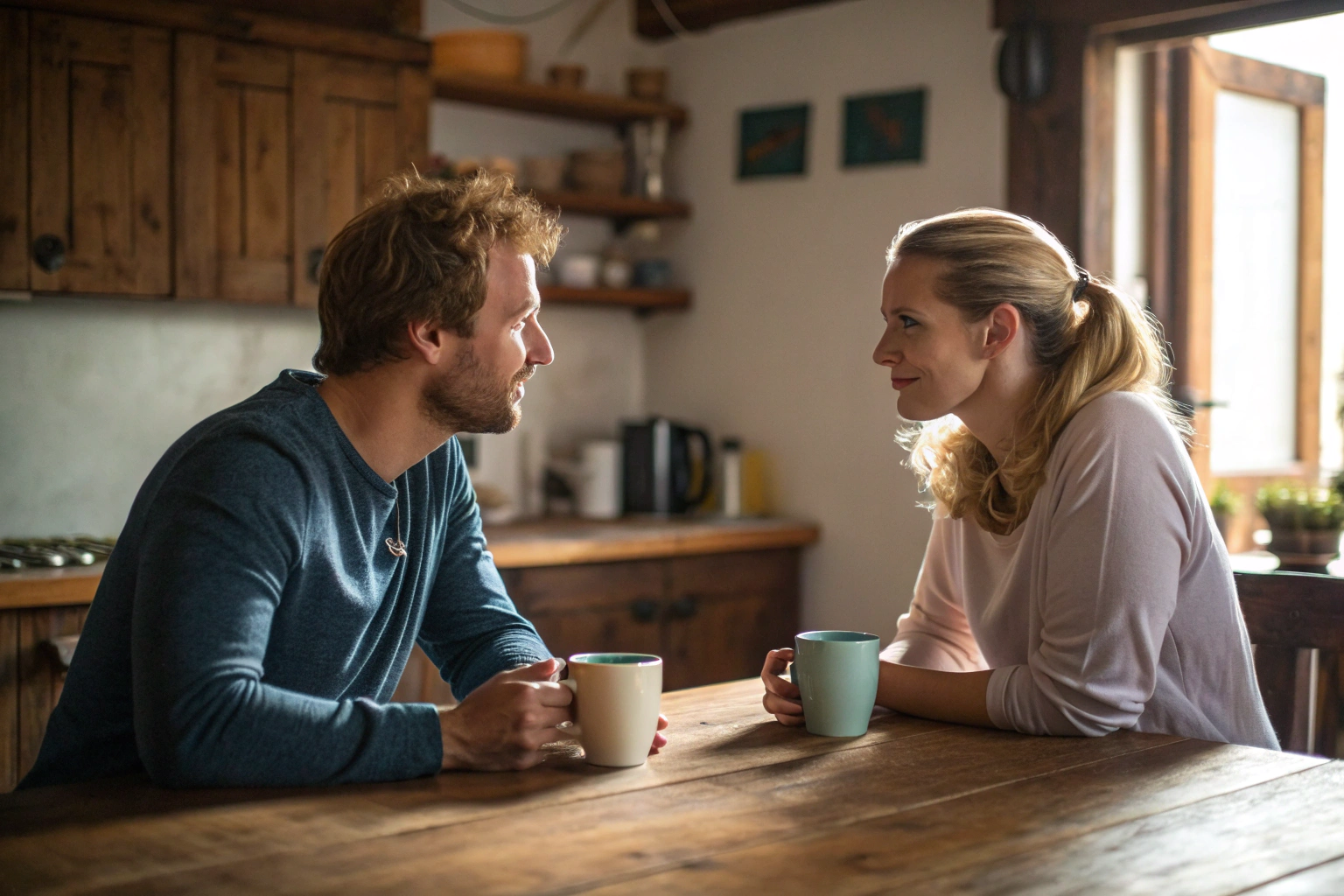 Stel zit tegenover elkaar aan keukentafel voor een diepgaand gesprek