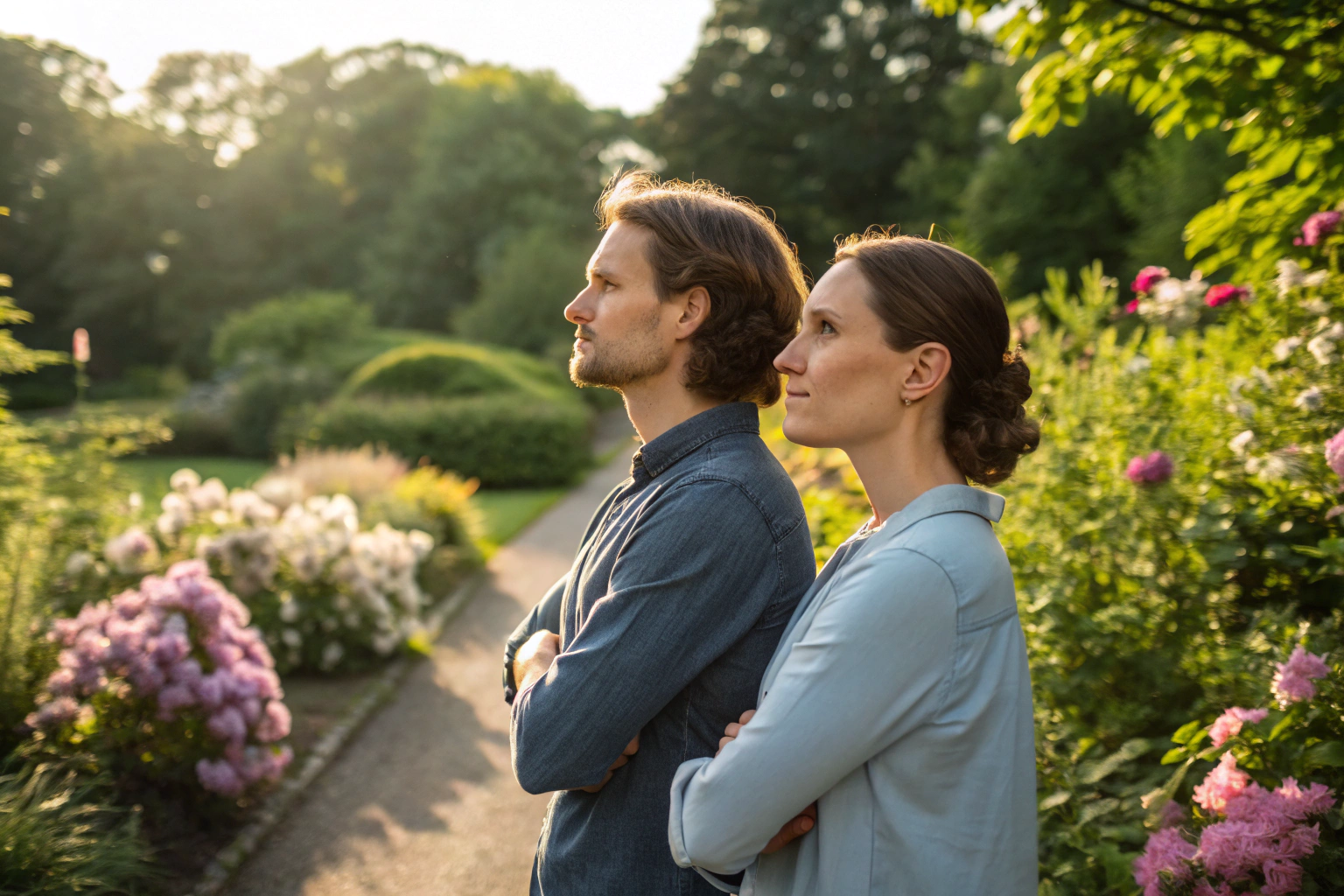 Stel dat stevig naast elkaar staat in een tuin als voorbeeld van zelfliefde in een relatie