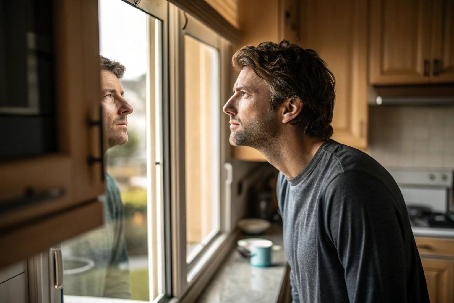 Man die reflecteert op zijn zelfbeeld en identiteit bij een raam