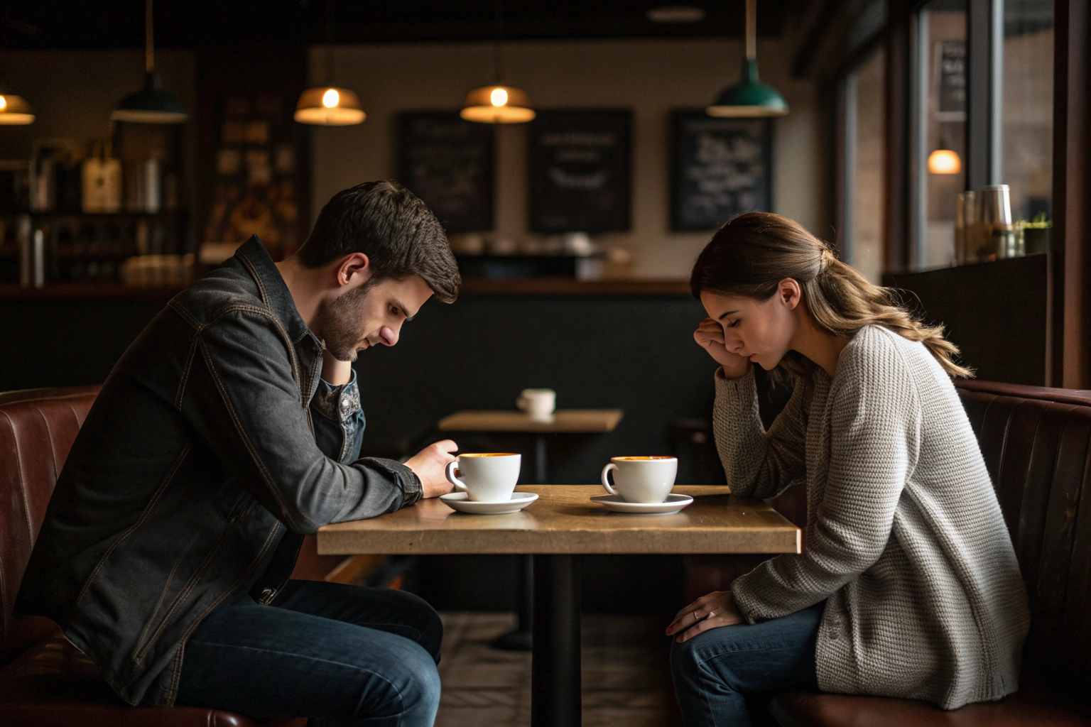 Stel met emotionele afstand dat tegenover elkaar in een café zit