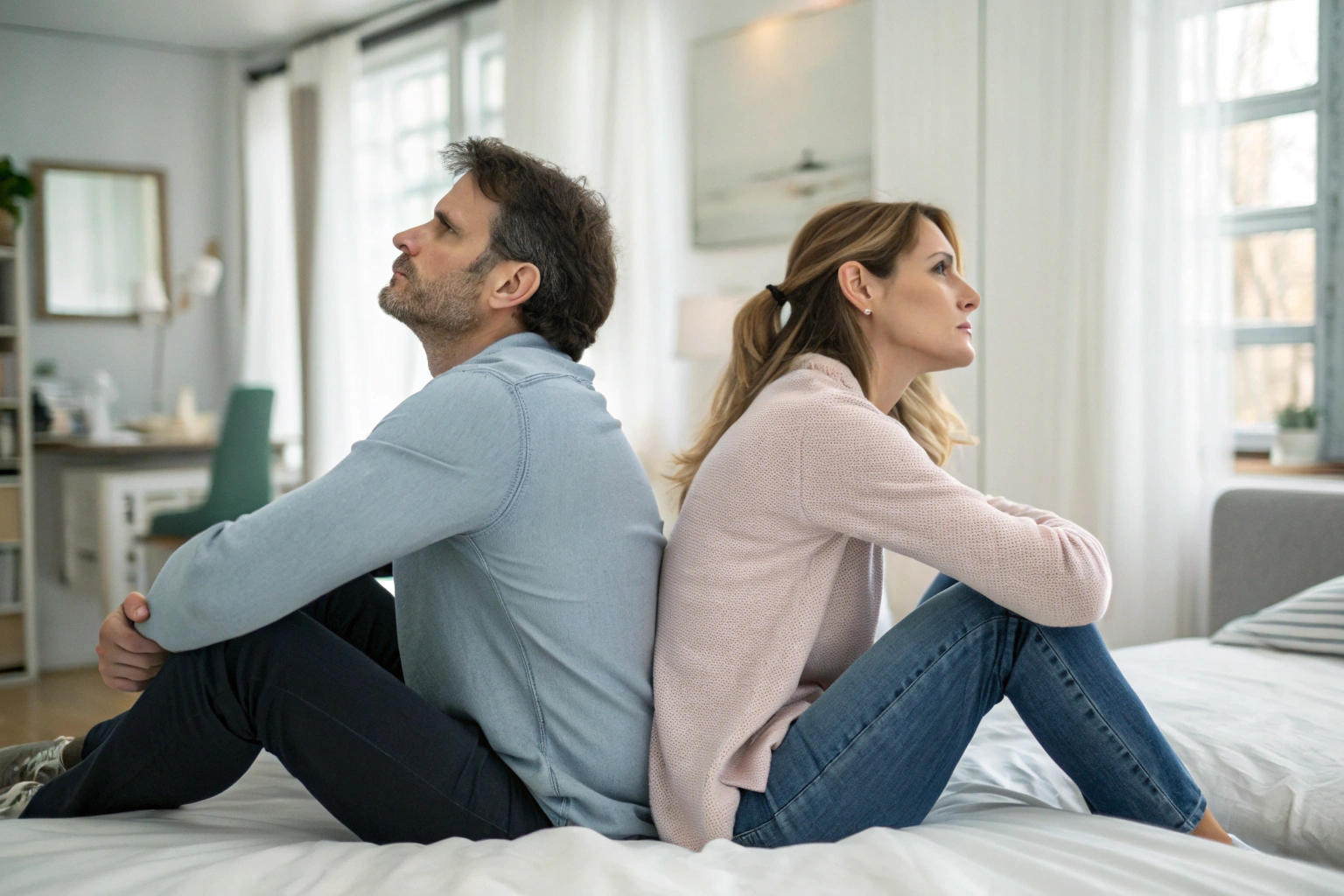 Stel zit rug aan rug op bed met emotionele afstand tussen hen