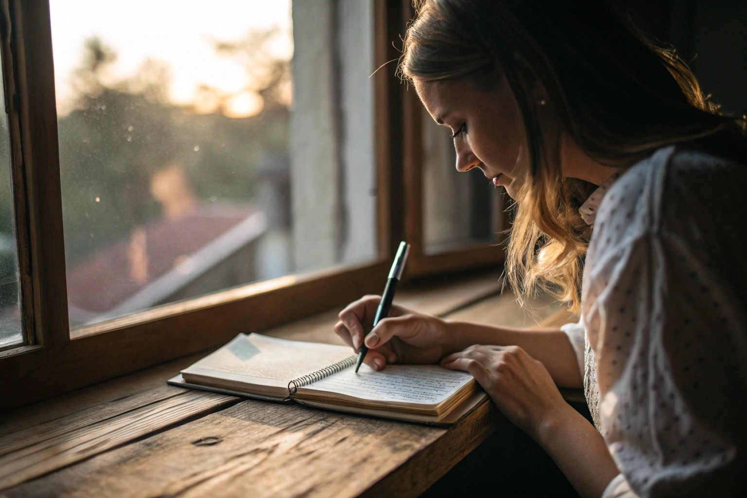 Vrouw die schrijft in een dagboek als oefening voor zelfreflectie en zelfliefde