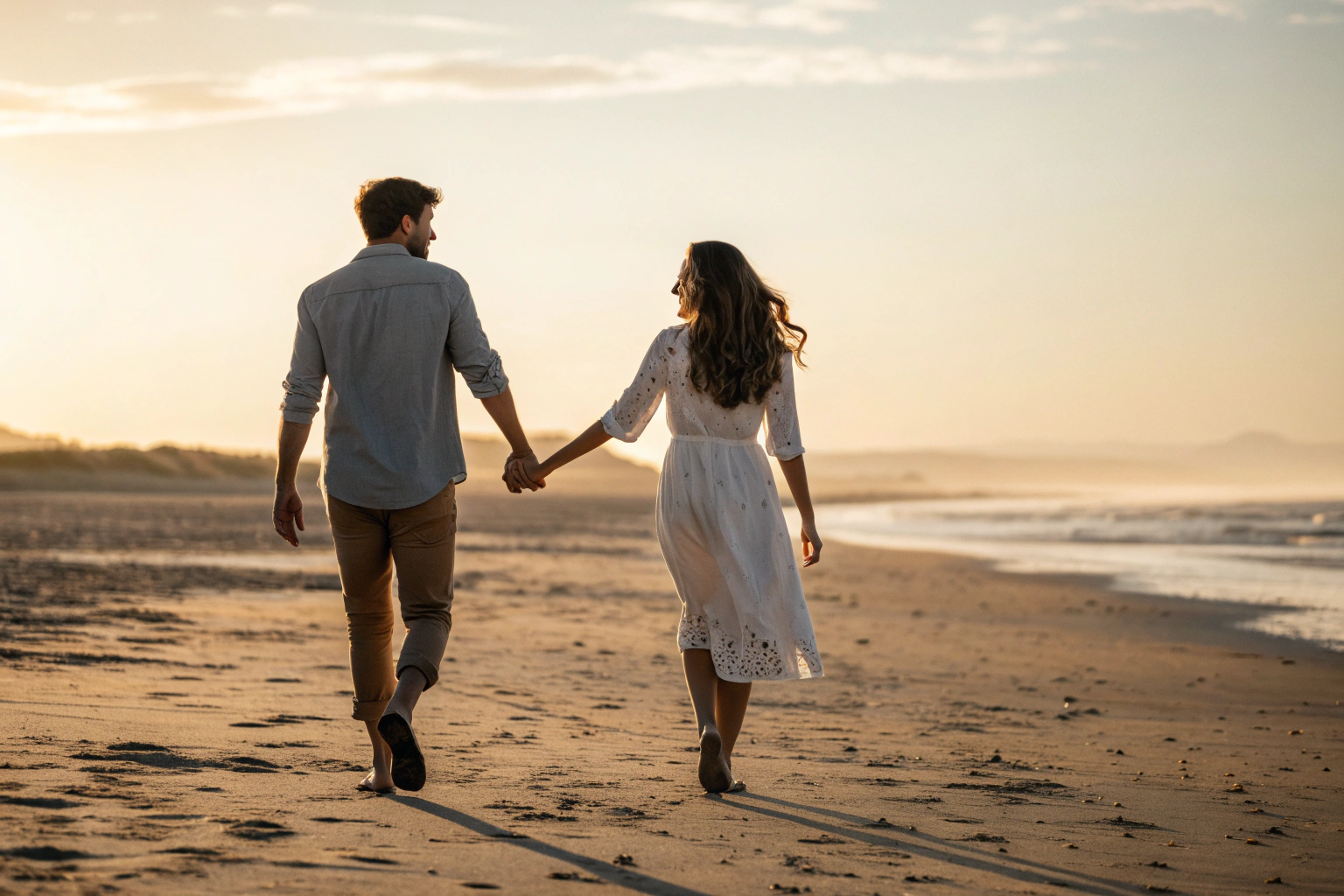 Stel dat hand in hand over het strand loopt bij zonsondergang