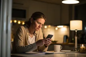 Vrouw kijkt conflicterend naar telefoon bij emotionele ontrouw