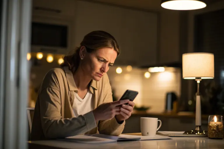 Vrouw kijkt conflicterend naar telefoon bij emotionele ontrouw