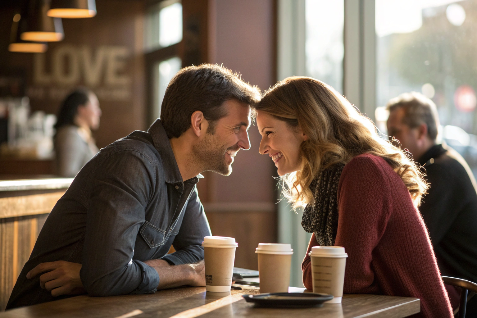 Man praat intiem met collega in cafe over emotionele ontrouw