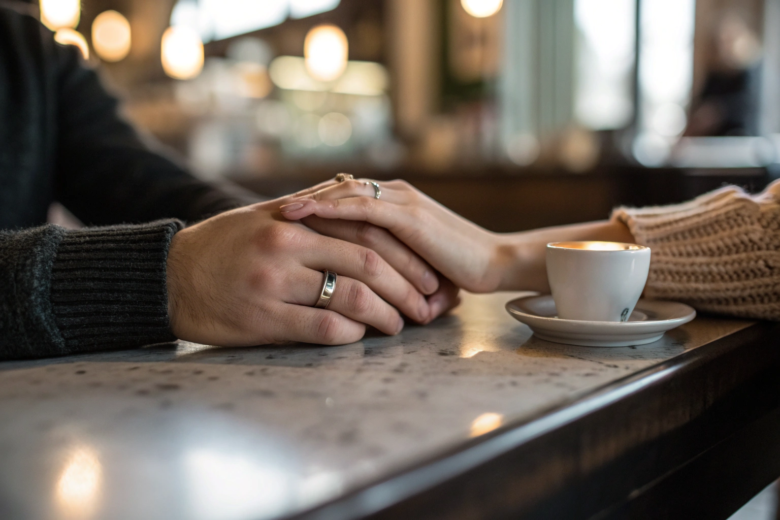 Twee handen raken bijna op tafel met trouwring zichtbaar