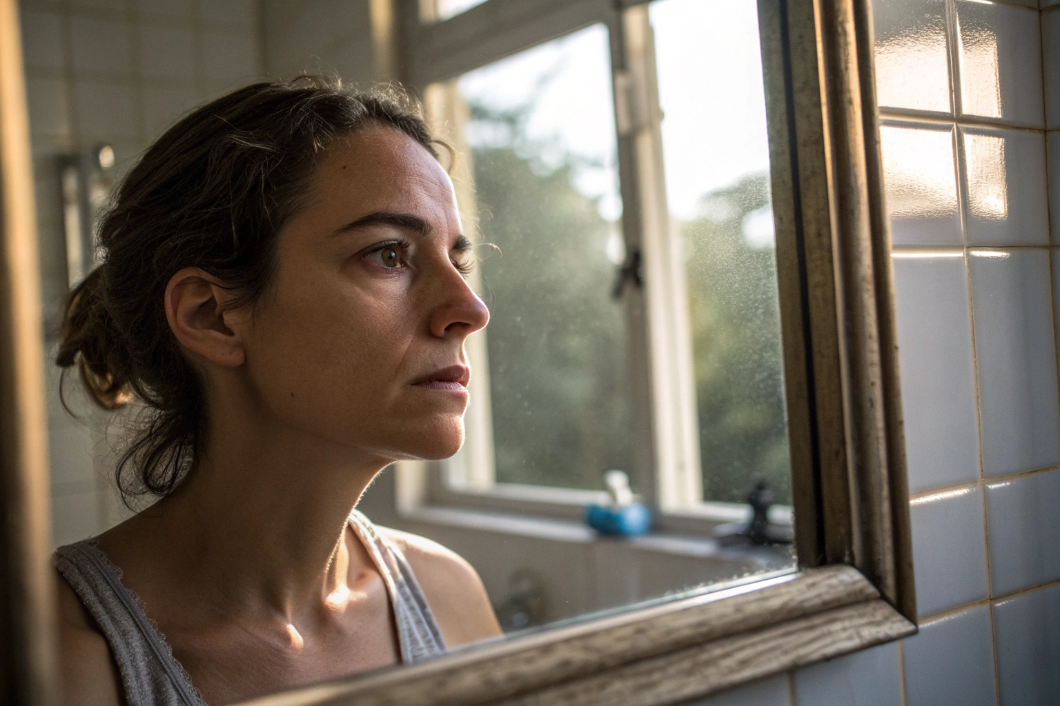 Vrouw kijkt nadenkend in spiegel bij zelfreflectie over emotionele ontrouw