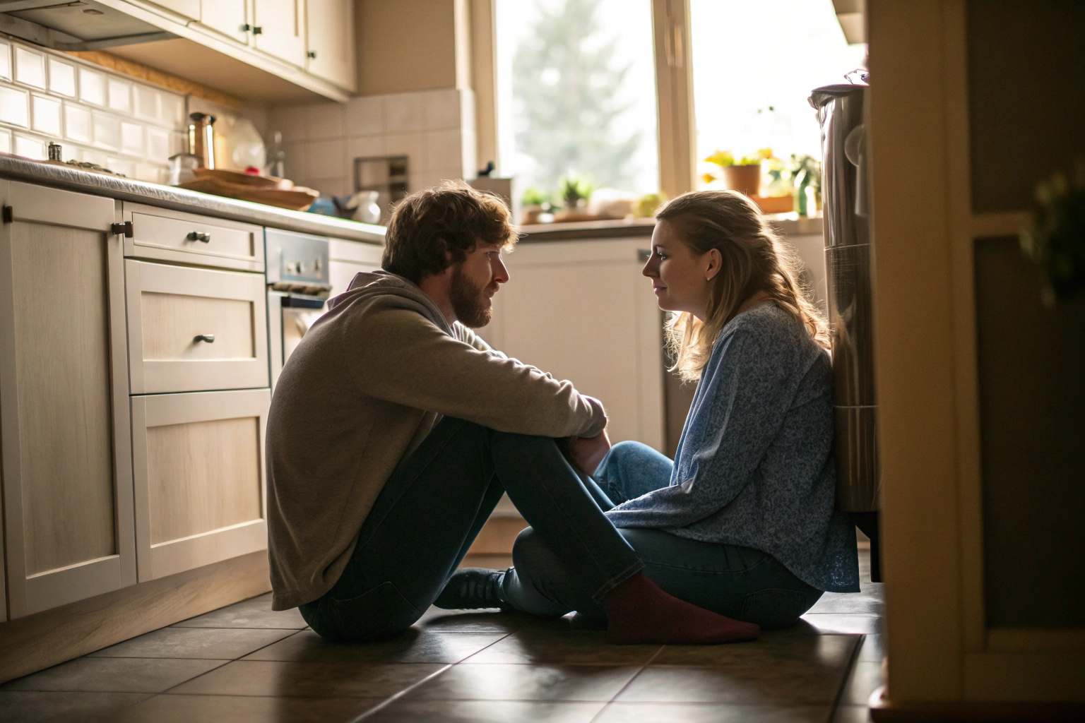 Stel heeft eerlijk en kwetsbaar gesprek op keukenvloer