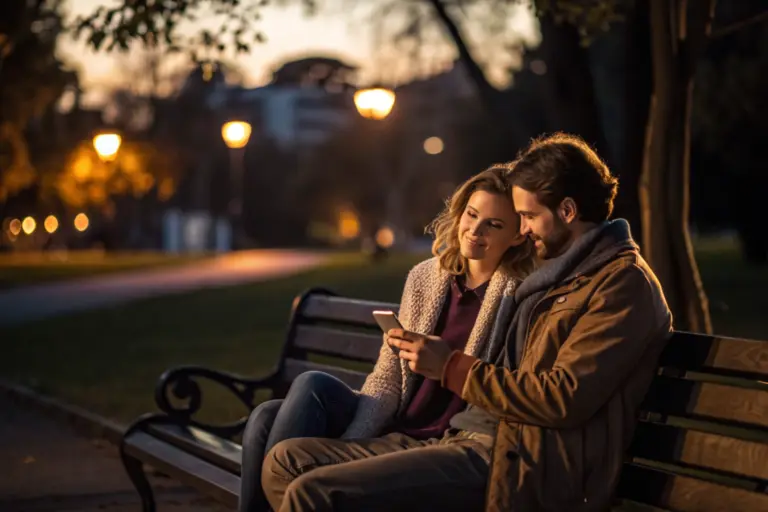 Emotionele ontrouw: stel op een bankje waarbij de vrouw afgeleid op haar telefoon kijkt