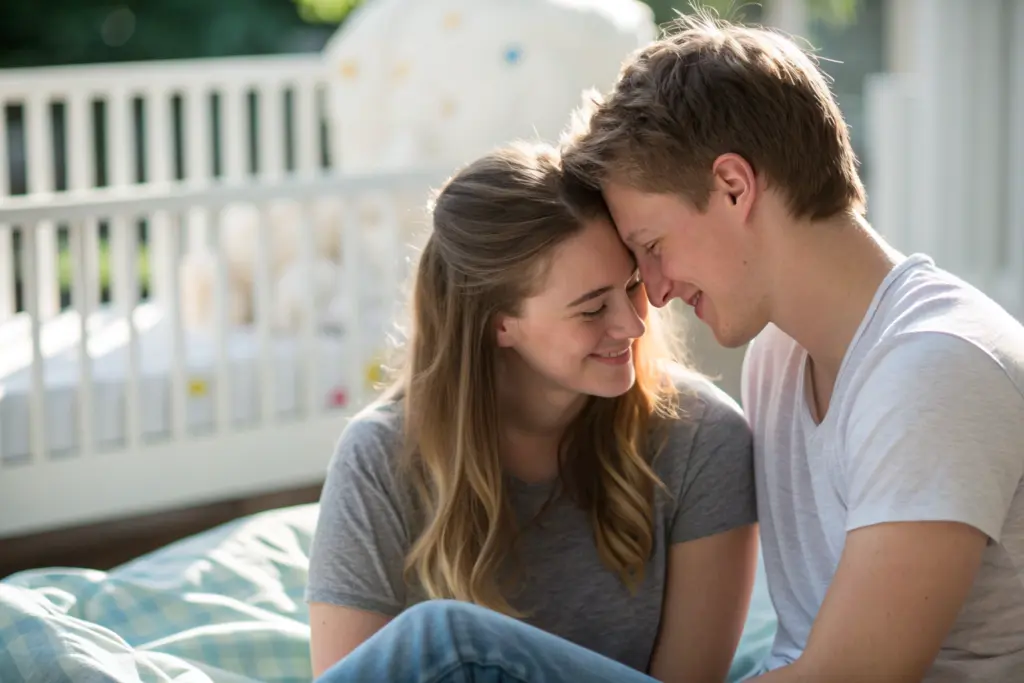 Seks na een baby: jong stel zit samen op bed met slapende baby in wieg