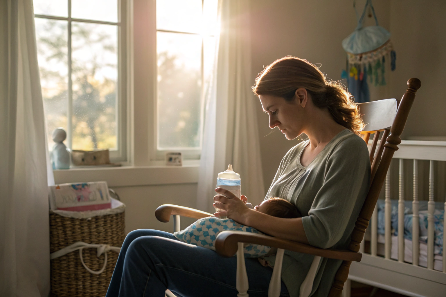 Vermoeide moeder in schommelstoel na nachtvoeding met ochtendlicht