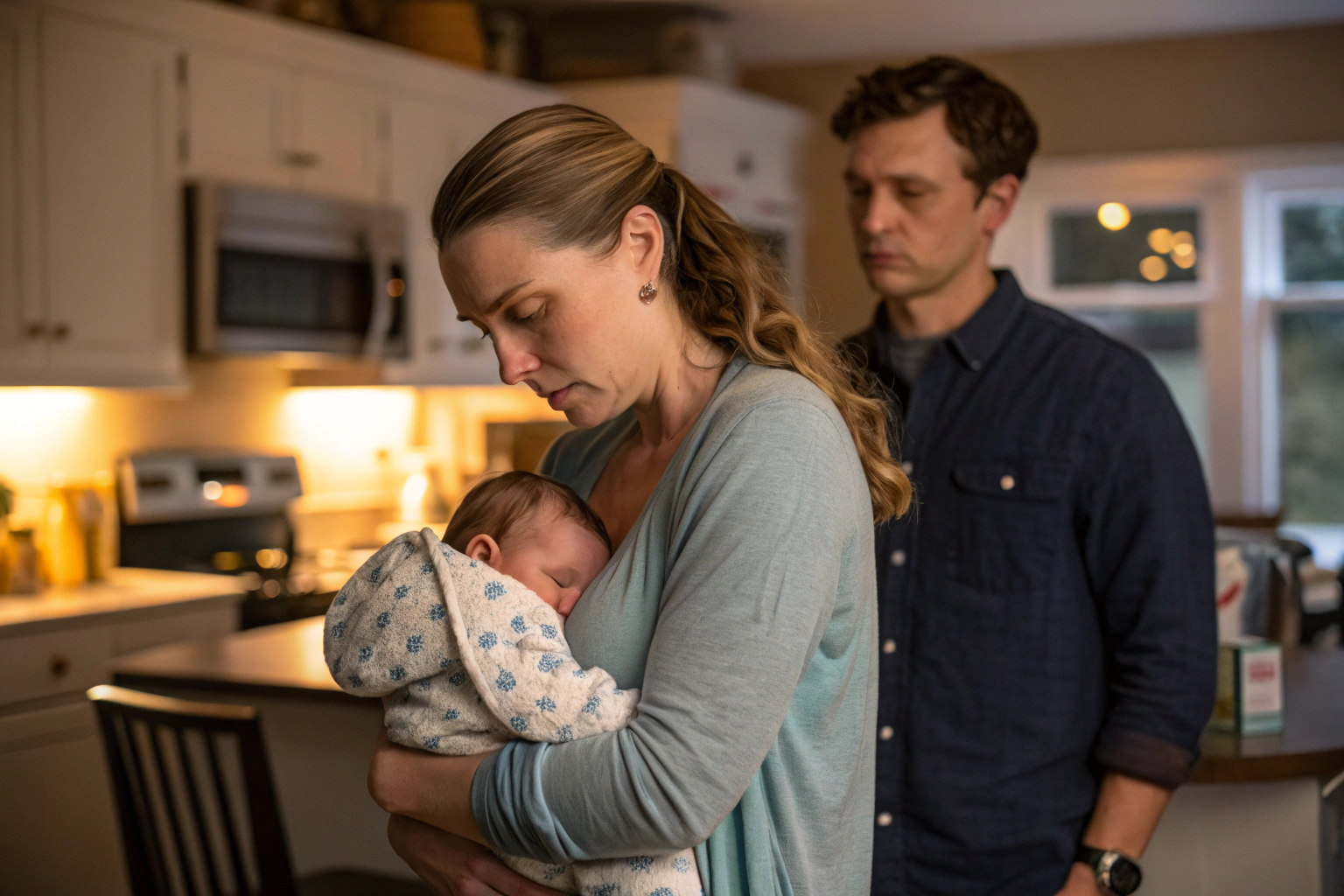 Moeder met baby op arm voelt touched out terwijl partner toekijkt