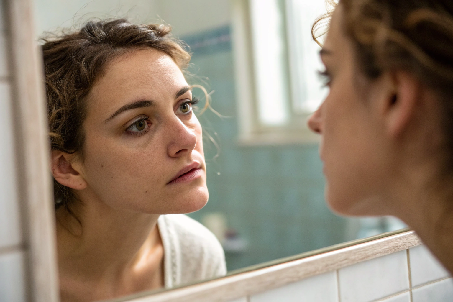 Vrouw kijkt naar zichzelf in spiegel na bevalling, lichaamsbeleving