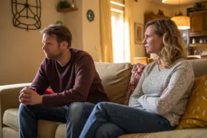 Stel zit aan weerszijden van bank, man kijkt weg, emotionele afstand - mannen nooit genoeg relatie