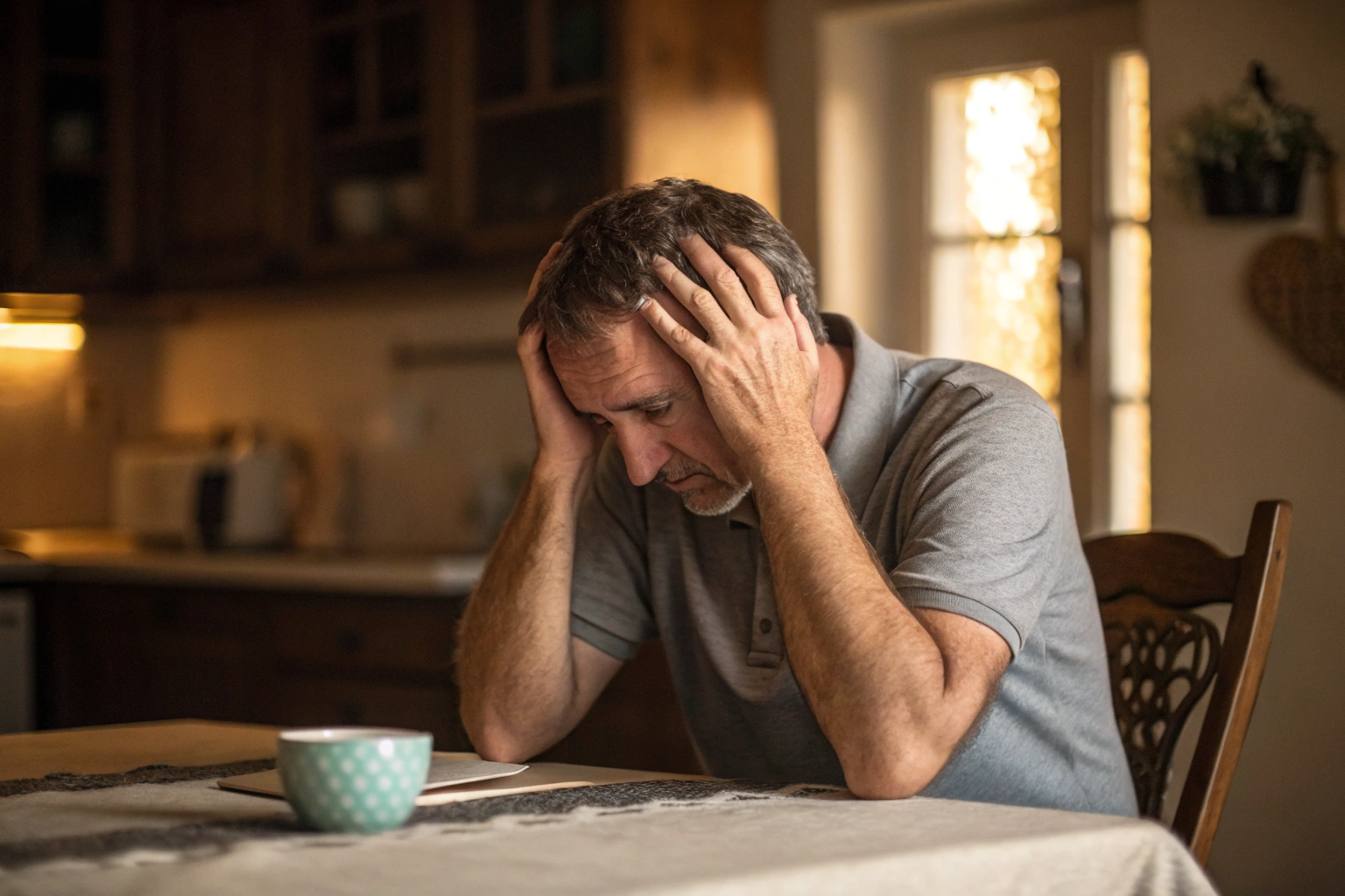 Man zit alleen aan tafel met hoofd in handen, overweldigd door gevoel van falen