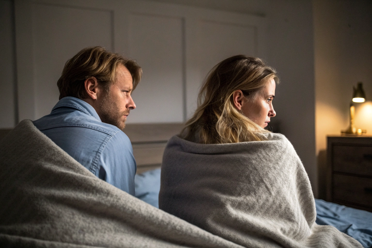 Stel in bed ruggen naar elkaar, emotionele afstand en terugtrekking