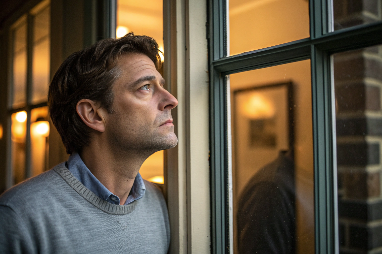 Man kijkt uit raam, kwetsbaar moment, verborgen emoties