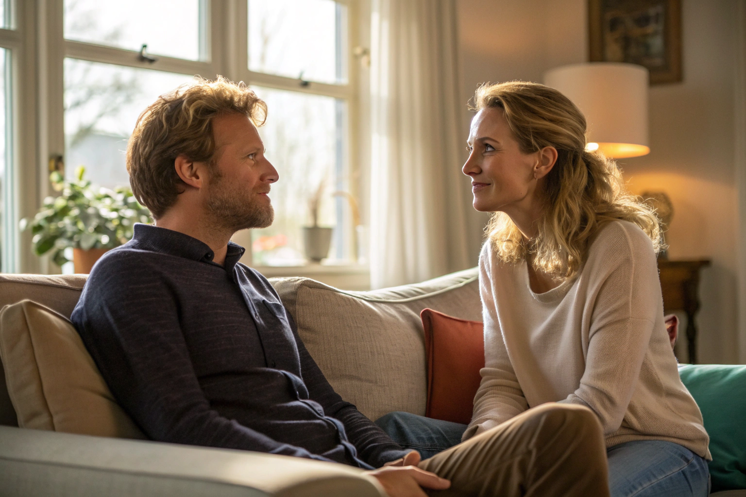 Stel heeft rustig gesprek op bank, hoop op verbinding, zachte blik