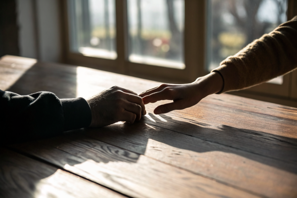 Handen op tafel die spanning tonen bij jezelf niet manipuleren laten in een relatie