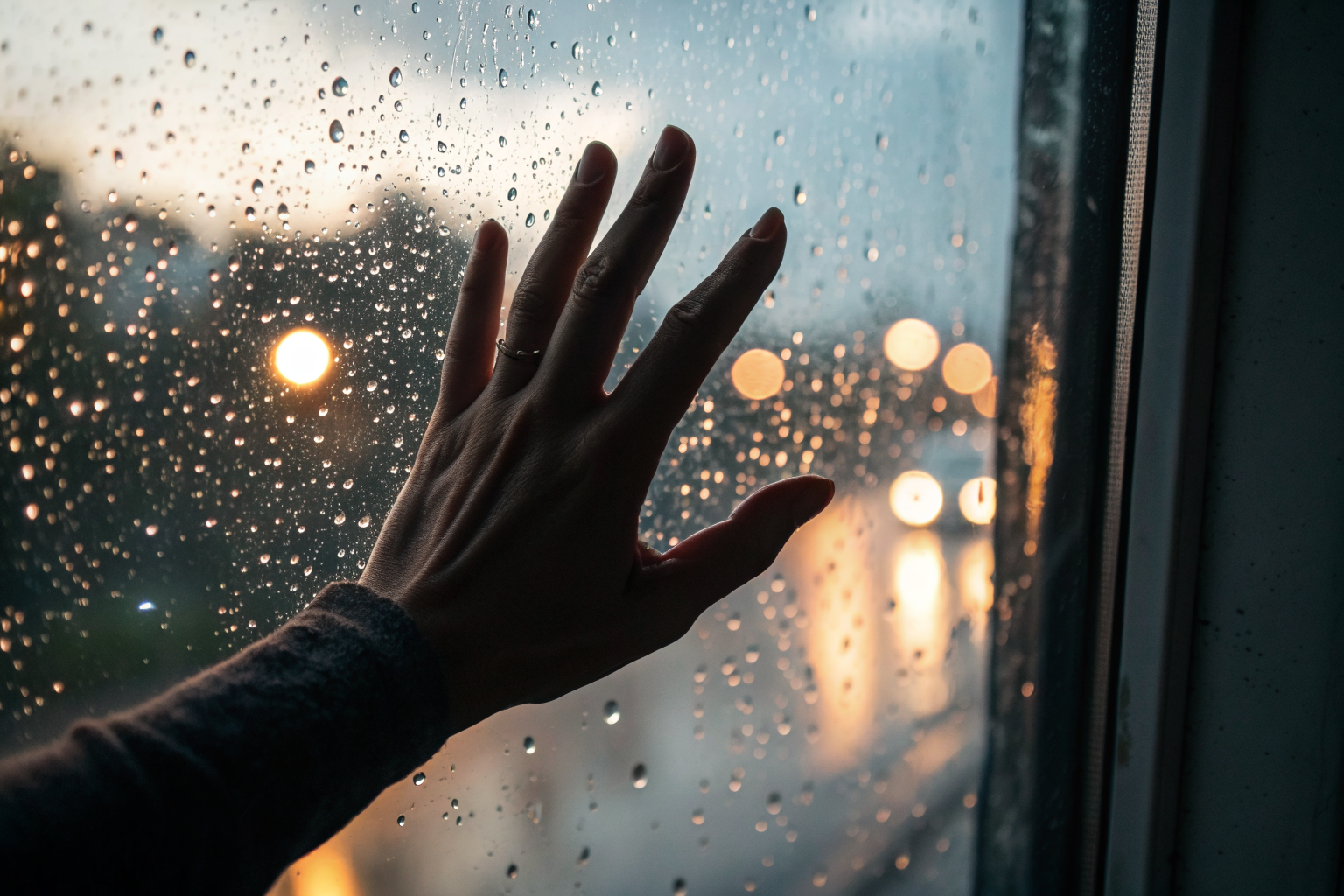 Hand op regenachtig raam: verlangen naar wat niet gekozen is in een relatie