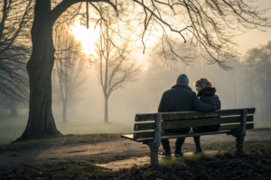 Koppel met afstand op bankje in mistig park als metafoor voor verwachtingen relatie geluk