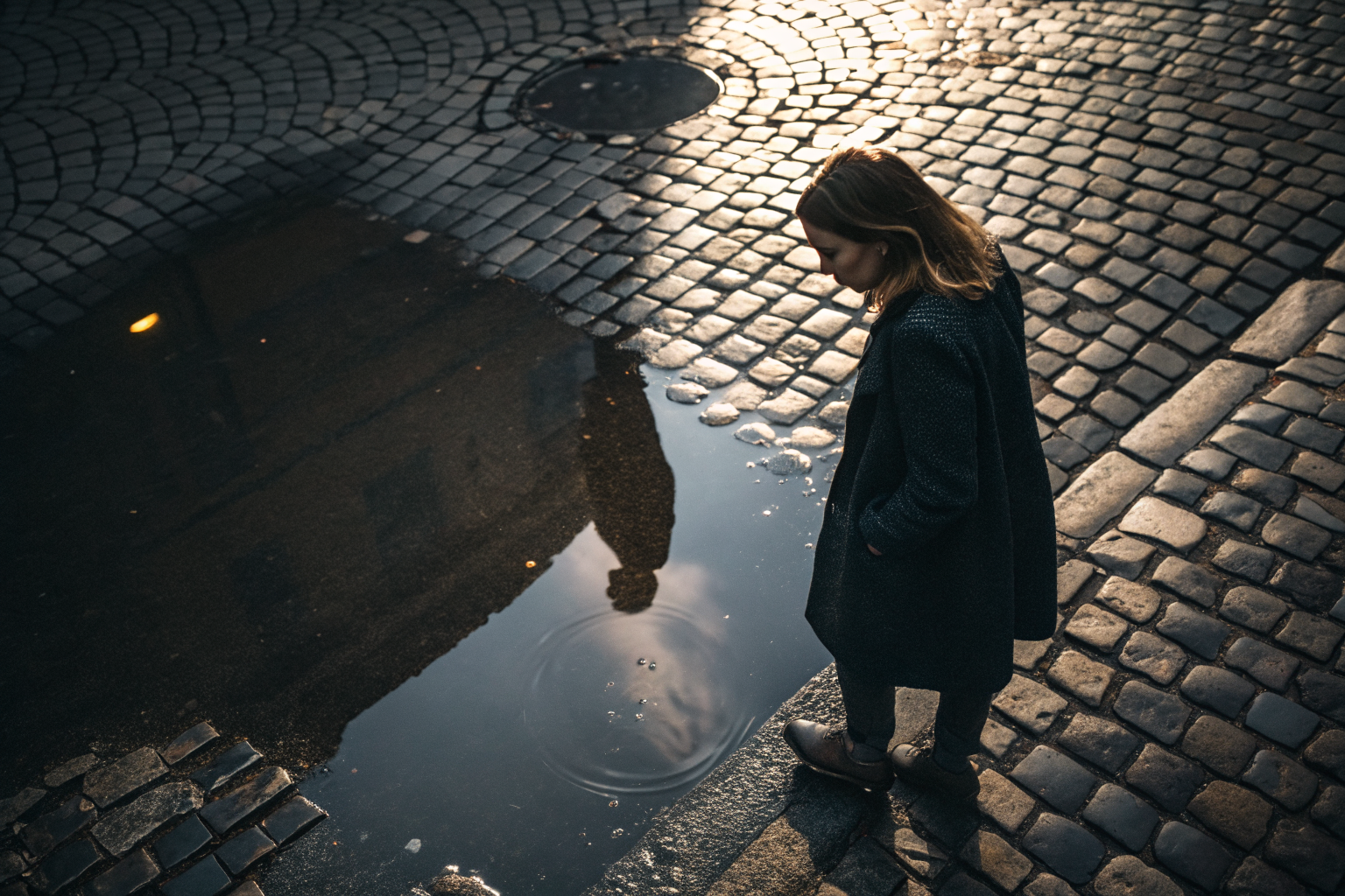 Reflectie in regenplas als beeld voor normen versus verwachtingen relatie geluk