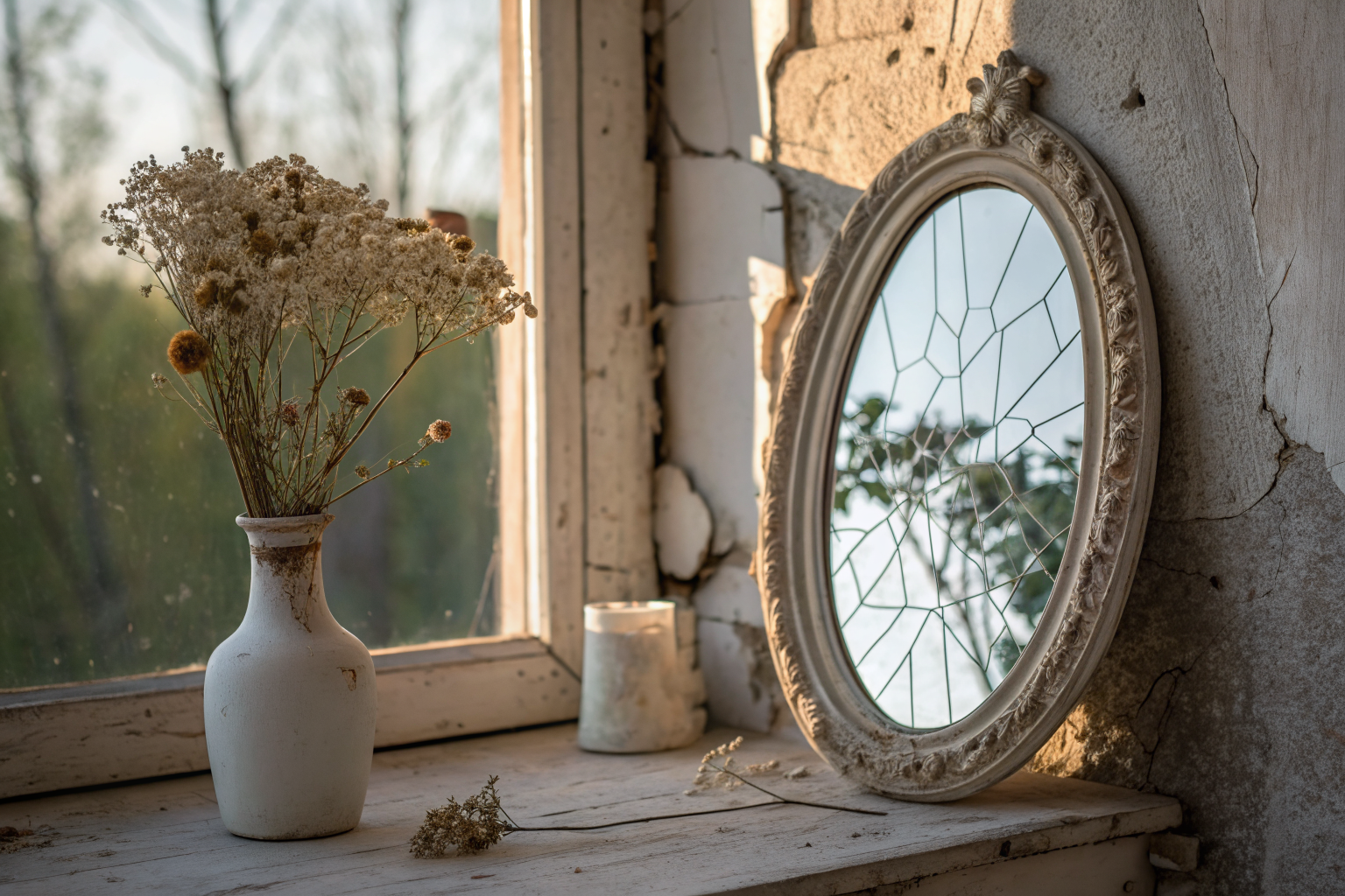 Gebarsten spiegel met droogbloemen als metafoor voor verwachtingen en mythes in relaties