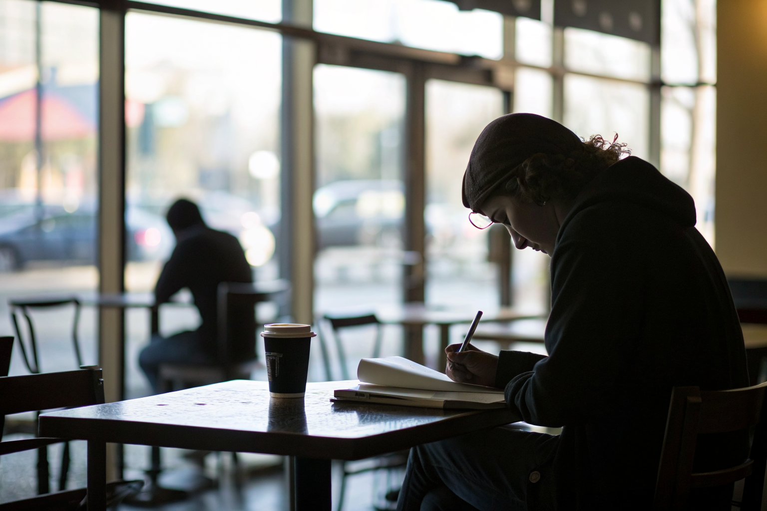 Persoon schrijft in dagboek in cafe als oefening voor verwachtingen relatie geluk