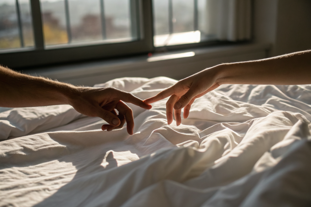 Twee handen die elkaar raken op wit beddengoed als symbool voor in je lichaam seks beleven
