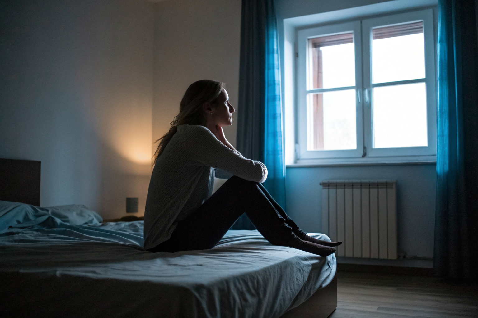 Vrouw zit peinzend op rand van bed, symbool voor mentale afwezigheid in je lichaam tijdens seks