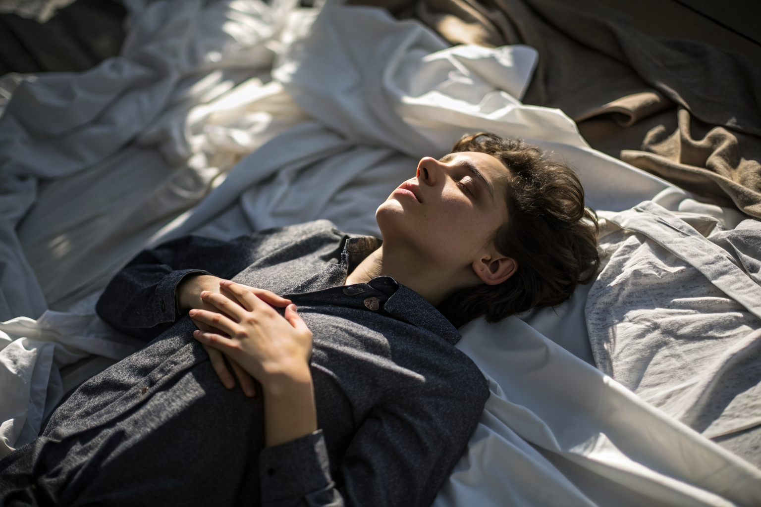 Persoon ligt met ogen dicht op bed, hand op borst, gevangen in gedachten in plaats van in het lichaam bij seks