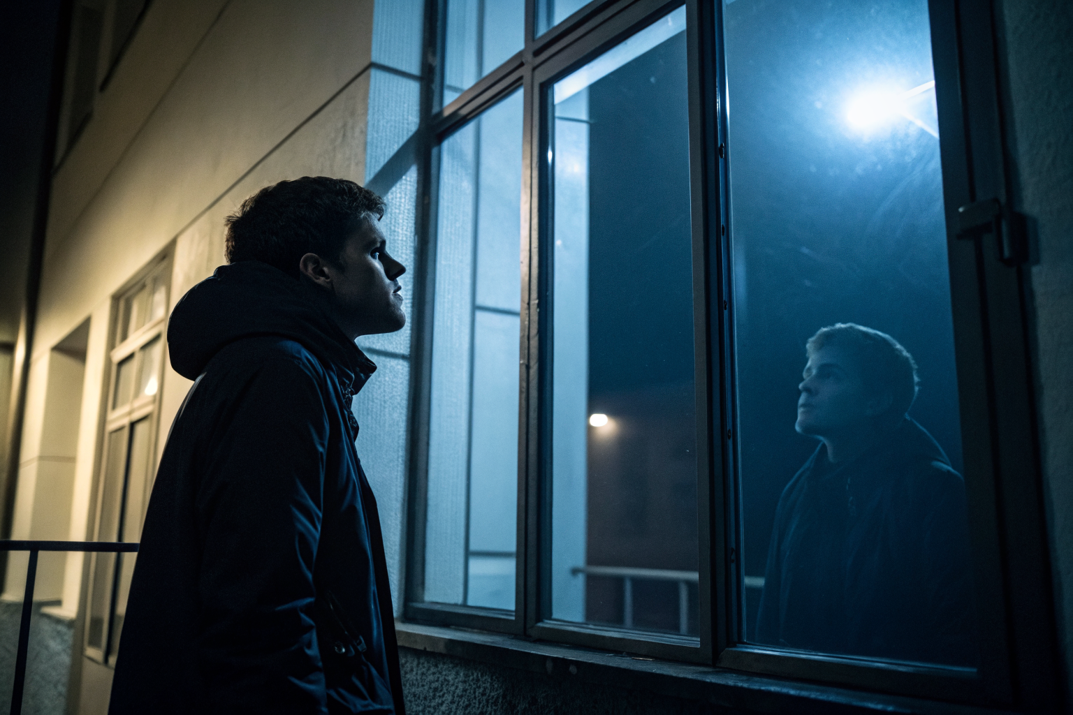 Silhouet kijkt naar eigen reflectie als metafoor voor de innerlijke toeschouwer bij seks en in je lichaam komen