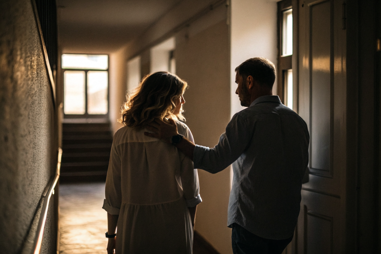 Man reikt naar vrouw in gang als symbool voor emotionele sterkte in relatie