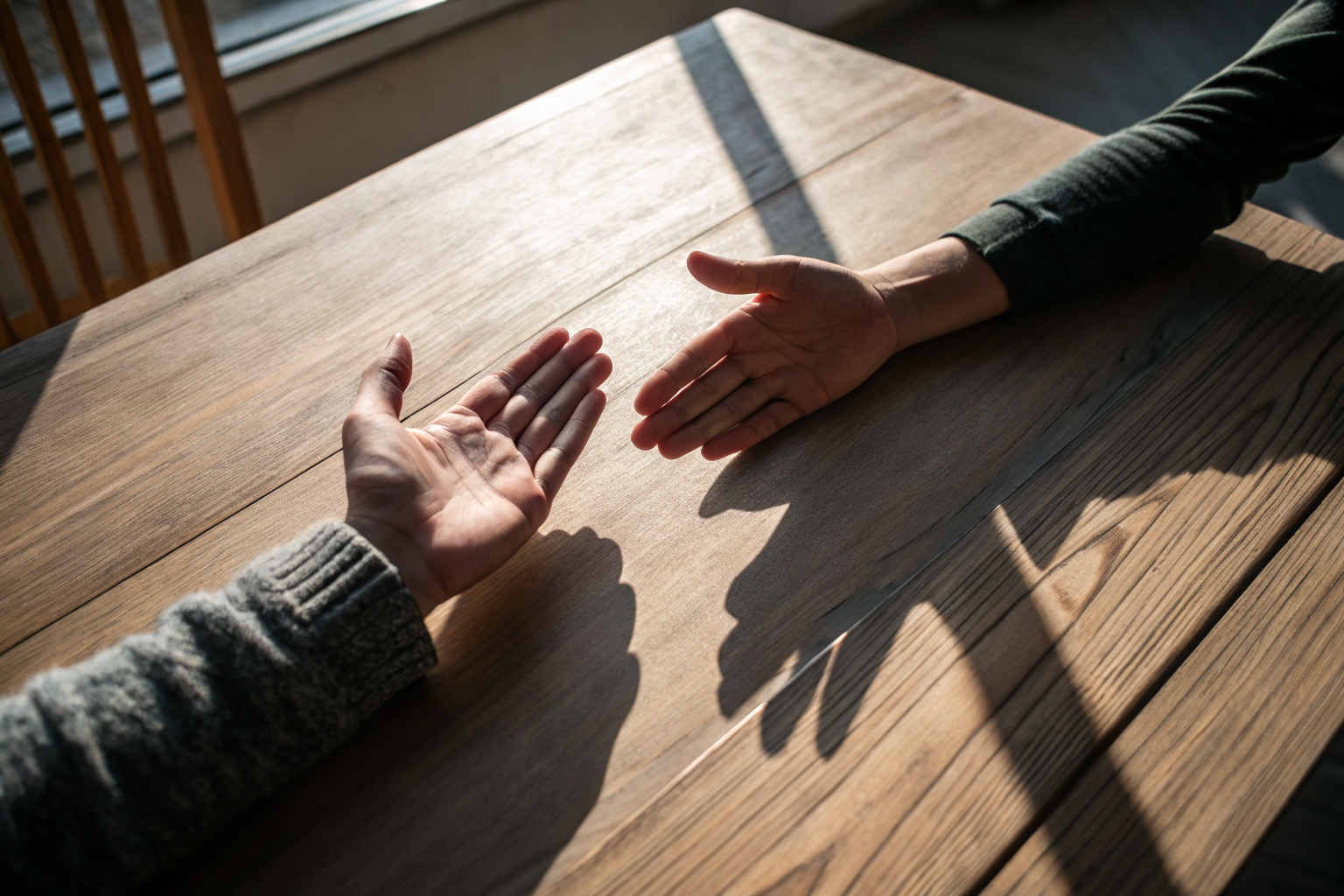 Twee handen op tafel die afstand en verlangen naar emotionele verbinding tonen