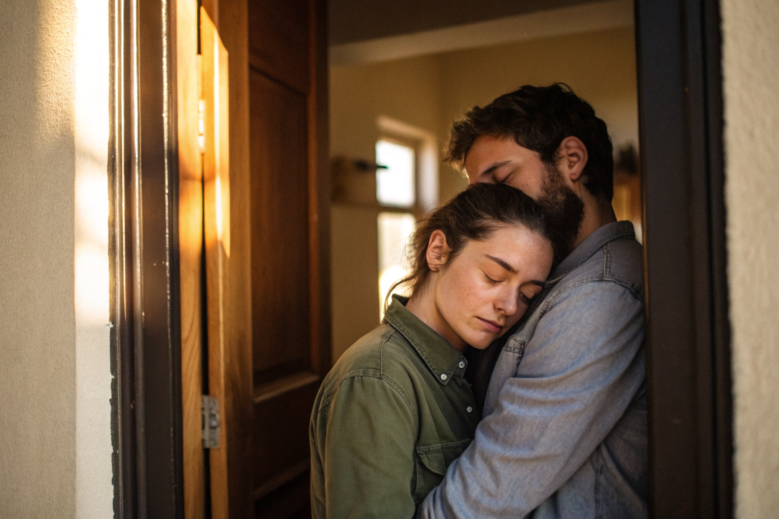 Koppel omhelst in deuropening als beeld van veiligheid en emotionele sterkte